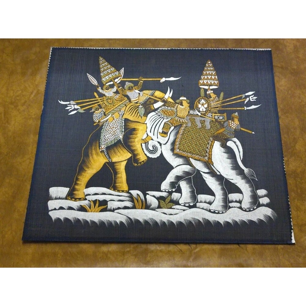 Chinese Warriors Fighters Elephants Dynasty Painted Fabric Wall Picture